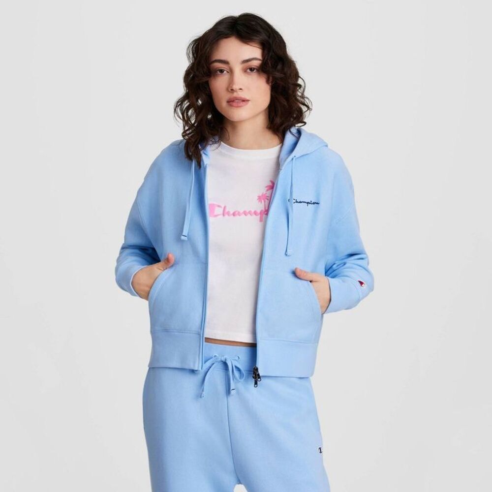 Champion Women's Cropped Fleece Zip-Up Sweatshirt - Light Blue XL